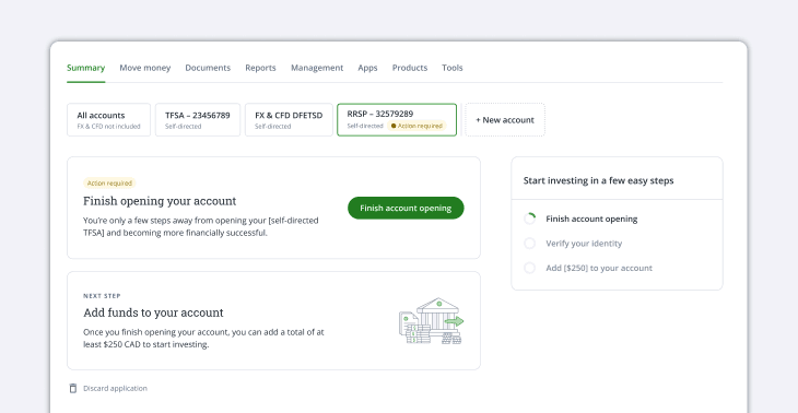 New Accounts section displaying account applications
