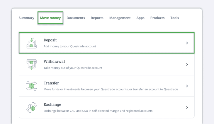 Select instant deposit navigation