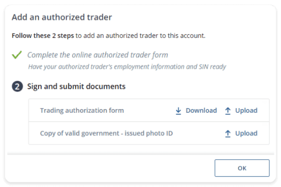 snap of adding authorized trader section on questrade website