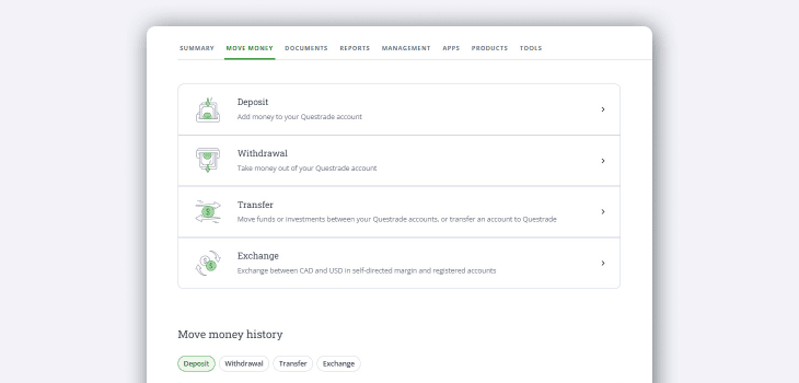 Move money menu w history