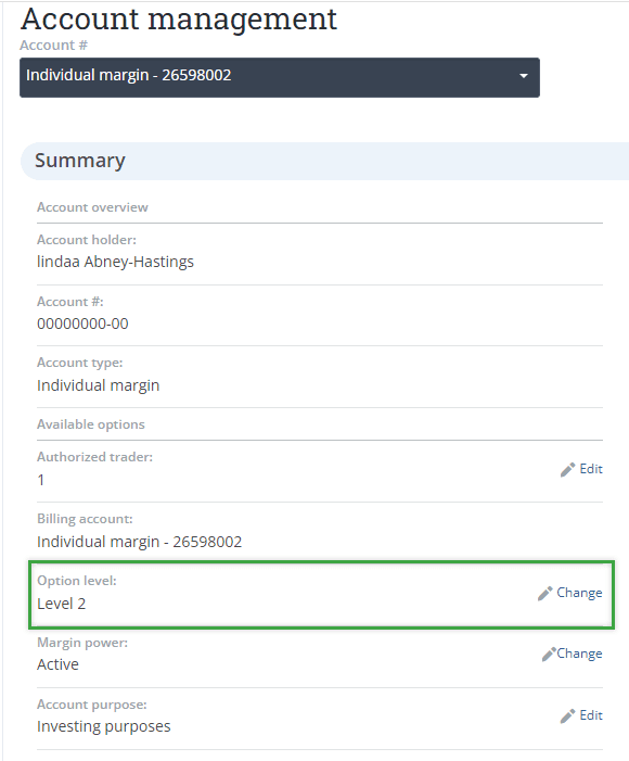 changing options level