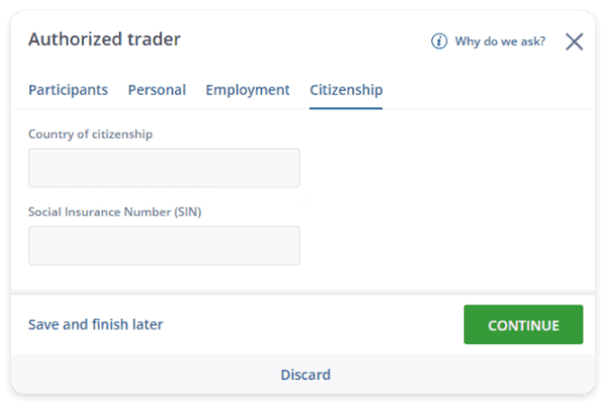 snap of citizenship section on questrade website