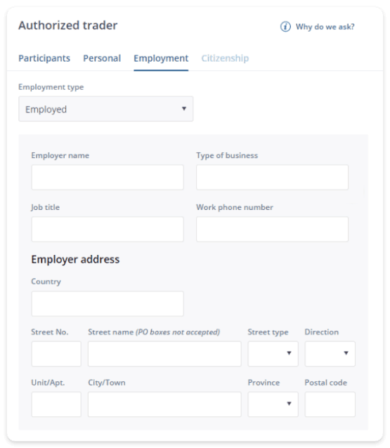 snap of authorized trader employment setup section on questrade website