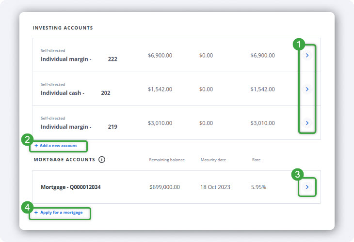 Investing Accounts section showing current accounts