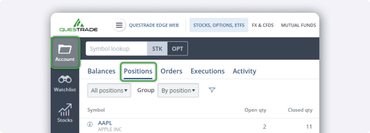 Account positions tab edge web