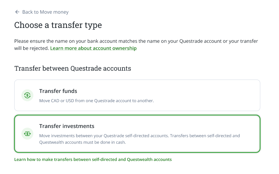 Transferring investment between accounts