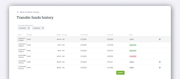 Transfer funds history
