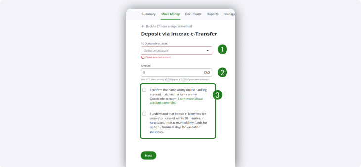 Deposit via Interac e-Transfer page