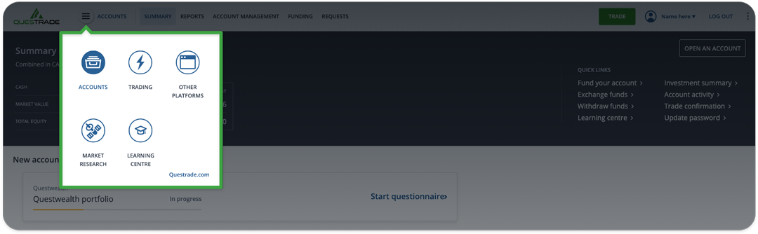 Questrade Account menu