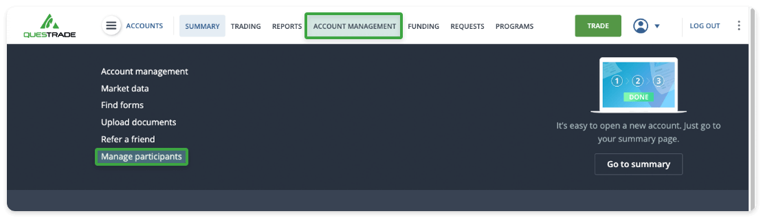 snap of manage participants section on questrade website