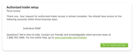 snap of authorized trader setup section on questrade website