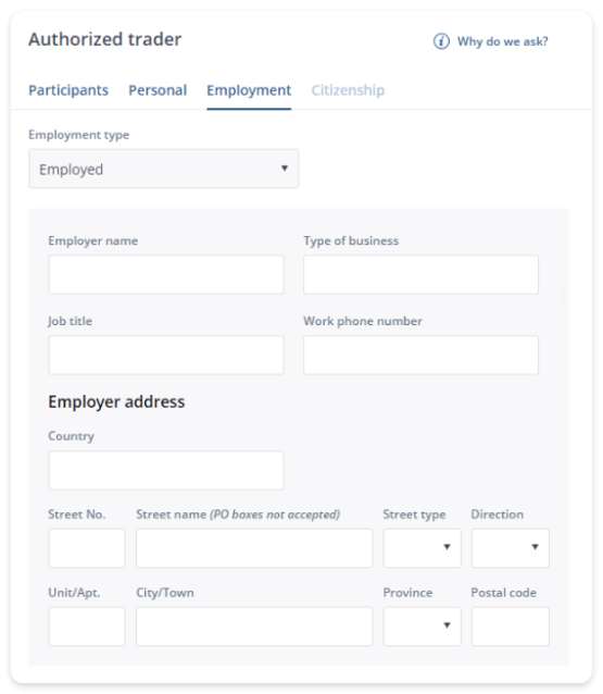 snap of authorized trader employment setup section on questrade website