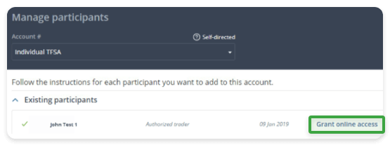 snap of manage participants section on questrade website with grant online access highlighted