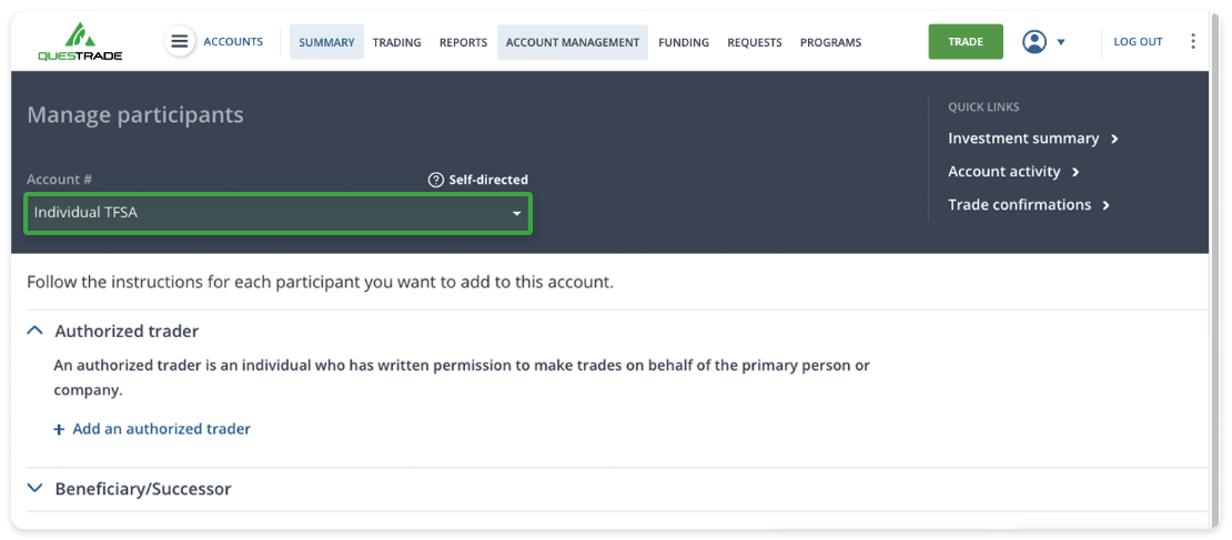 snap of manage participants section on questrade website with grant online access button highlighted