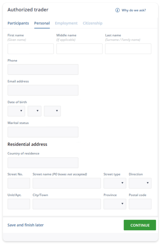 snap of authorized trader personal data section on questrade website