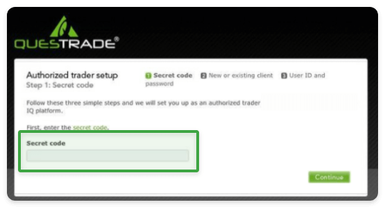 snap of secret code section on questrade website