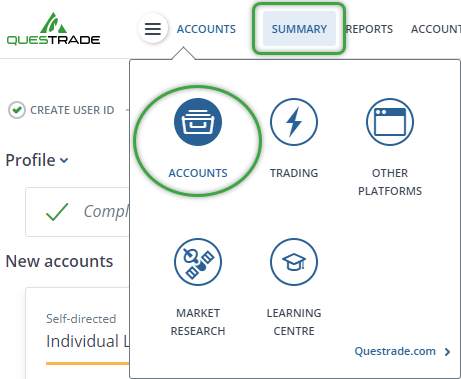 Accounts summary menu