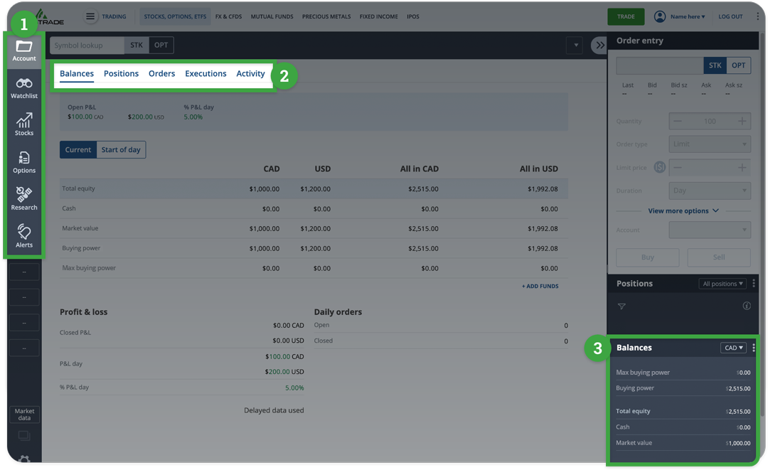 Edge web balances top and side menu