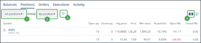 Positions grouping and filtering