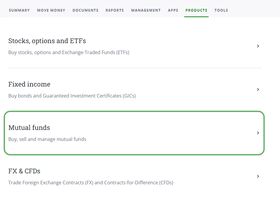 Accessing mutual funds page