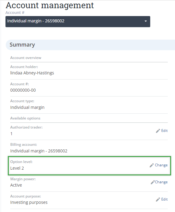 Changing options level